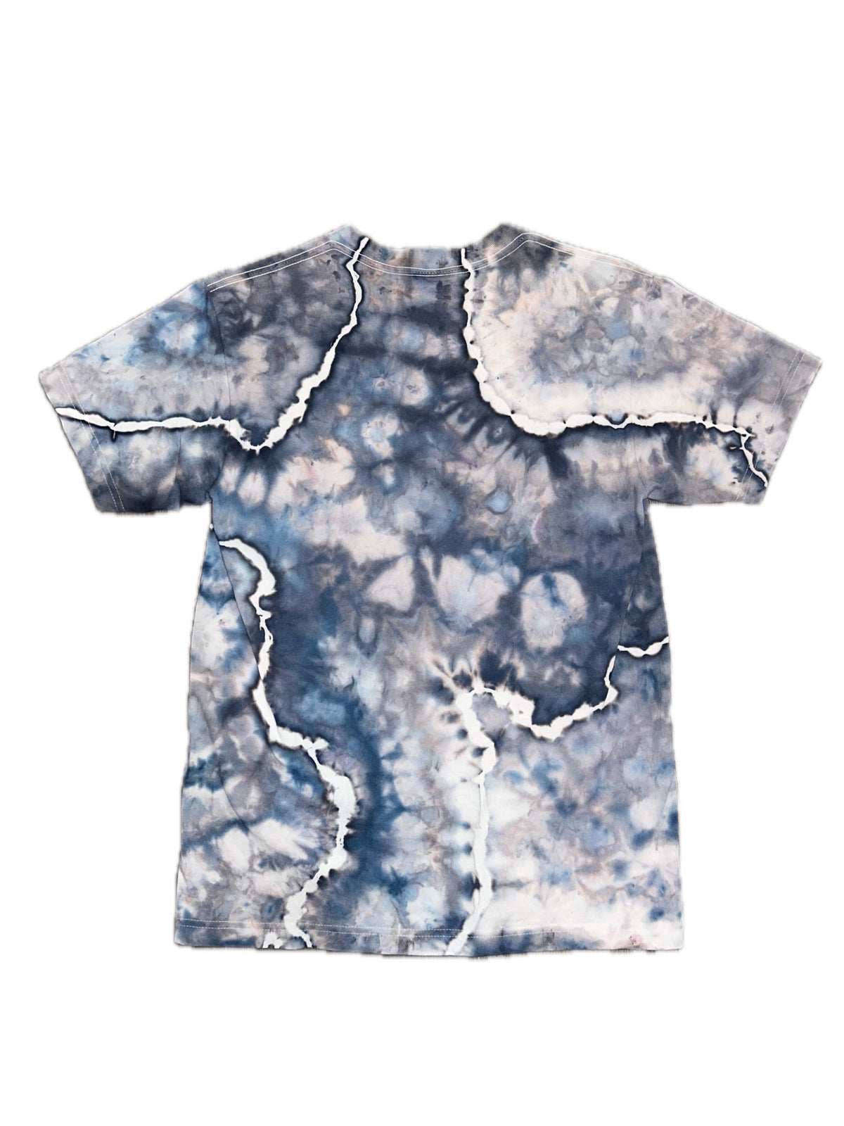 A short-sleeve crewneck t-shirt featuring a blue, gray, and white tie-dye pattern with a distinctive zigzag line design running vertically down the front.